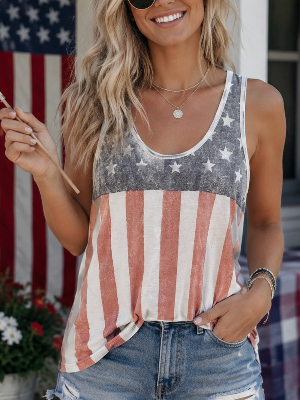 Denim & Supply Ralph Lauren USA Flag Tank Top Lace Back Patriotic Medium July 4